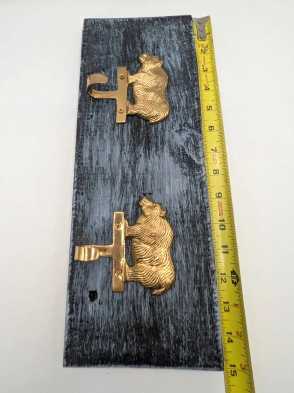 Hand Crafted Hat Key Coat Rack 2 Brass Bear Hooks Wall Mount `Blue 14.5
